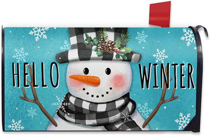 FBCOO Hello Winter Snowman Blue Mailbox Cover Magnetic Standard Size 20.5" x 18", Buffalo Plaid Check Snowflake Decorative Post Letter Box Decor, Christmas Holiday Farmhouse Garden Outdoor Decoration - Image 1